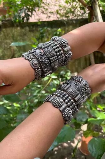 Set of 5 pc indian oxidised silver plated hand bracelet antique silver look screw openable kada