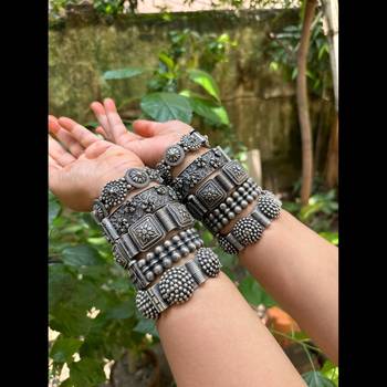 Set of 5 pc indian oxidised silver plated hand bracelet antique silver look screw openable kada 3