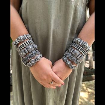 Set of 5 pc indian oxidised silver plated hand bracelet antique silver look screw openable kada 4