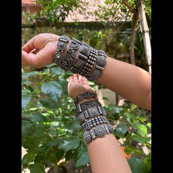 Set of 5 pc indian oxidised silver plated hand bracelet antique silver look screw openable kada 5
