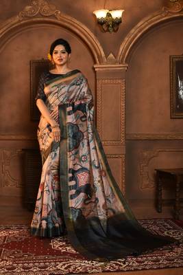 Soft Tussar Silk Saree With All Over Beautiful Kalamkari Print And Soft Zari Pallu With Contrast Blouse Piece 1