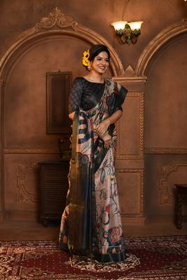 Soft Tussar Silk Saree With All Over Beautiful Kalamkari Print And Soft Zari Pallu With Contrast Blouse Piece 2
