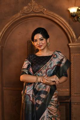 Soft Tussar Silk Saree With All Over Beautiful Kalamkari Print And Soft Zari Pallu With Contrast Blouse Piece 3