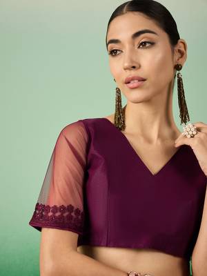 Wine Embroidered Net Saree with Unstitched Blouse 3