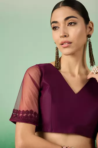 Wine Embroidered Net Saree with Unstitched Blouse