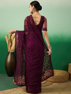 Wine Embroidered Net Saree with Unstitched Blouse 4
