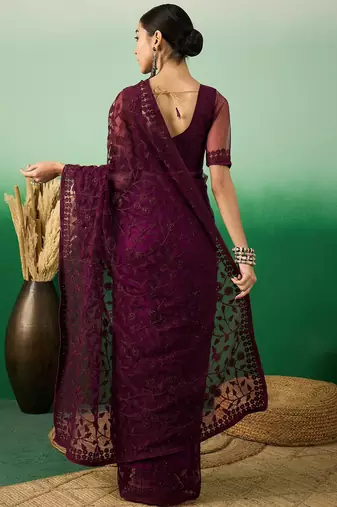 Wine Embroidered Net Saree with Unstitched Blouse