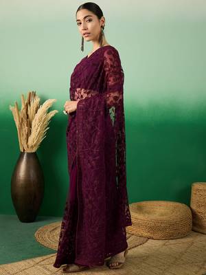 Wine Embroidered Net Saree with Unstitched Blouse 5