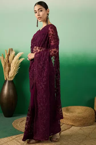 Wine Embroidered Net Saree with Unstitched Blouse