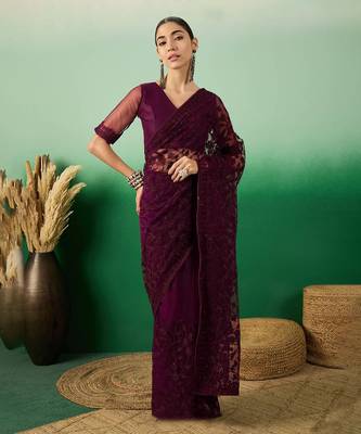 Wine Embroidered Net Saree with Unstitched Blouse 1