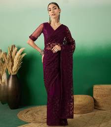 Wine Embroidered Net Saree with Unstitched Blouse