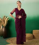 Wine Embroidered Net Saree with Unstitched Blouse