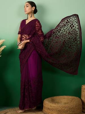 Wine Embroidered Net Saree with Unstitched Blouse 6