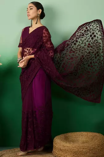 Wine Embroidered Net Saree with Unstitched Blouse