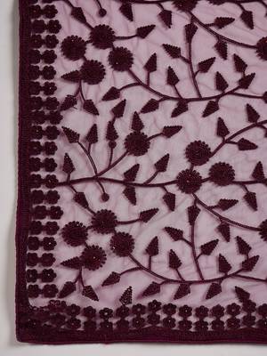 Wine Embroidered Net Saree with Unstitched Blouse 7