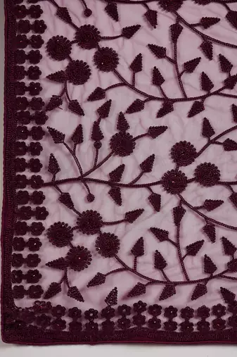 Wine Embroidered Net Saree with Unstitched Blouse