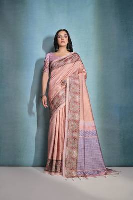 Peach Beautiful Cotton Blend Weaving & Floral Print Border saree With Blouse 1
