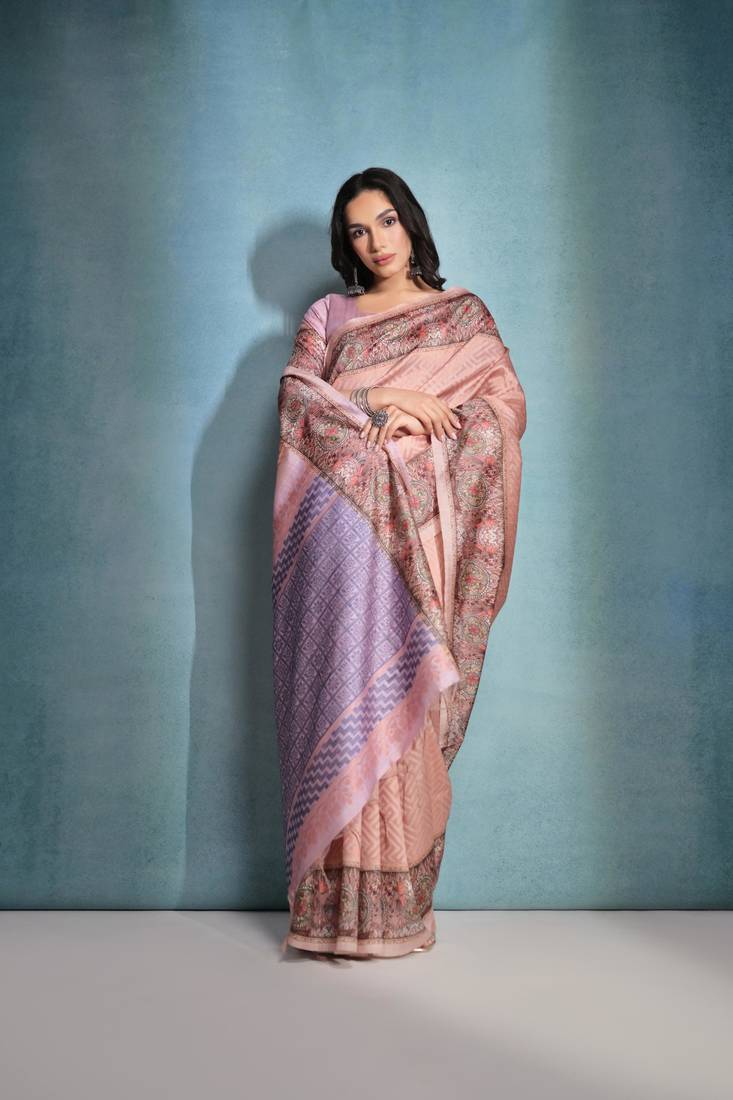 Peach Beautiful Cotton Blend Weaving & Floral Print Border saree With Blouse