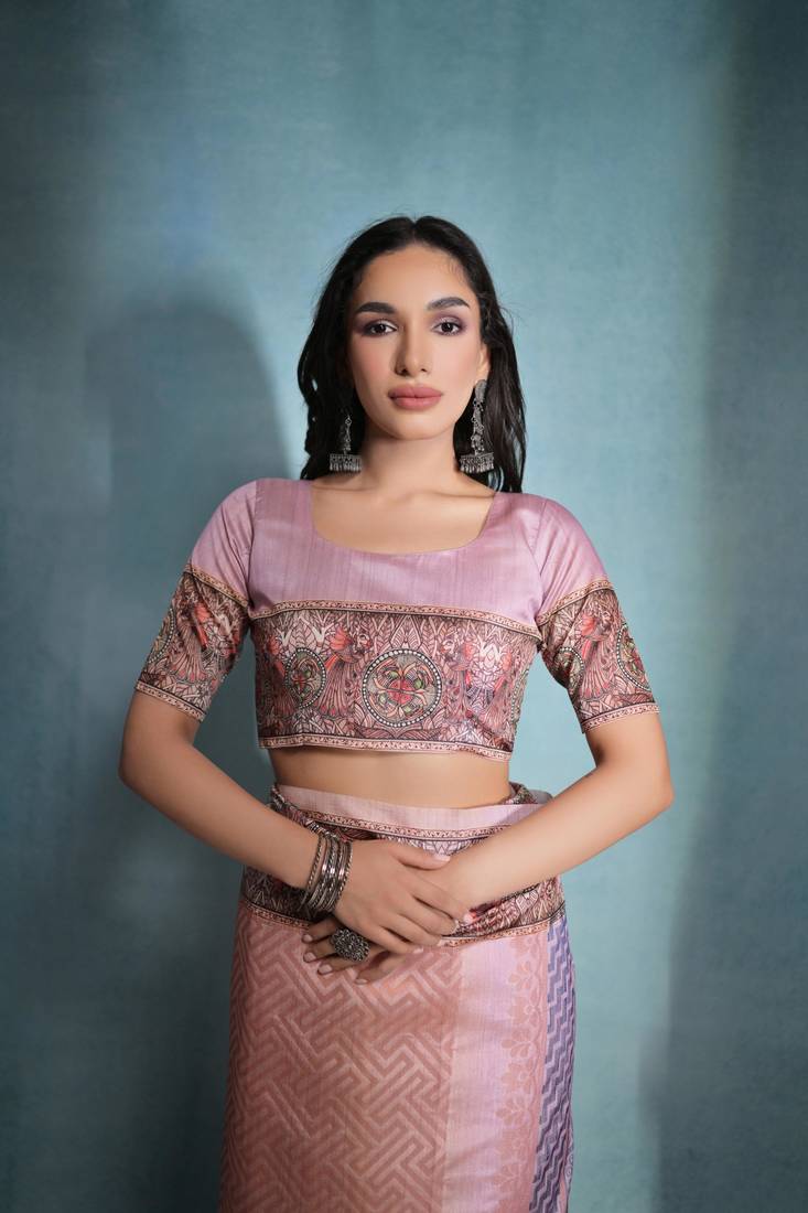 Peach Beautiful Cotton Blend Weaving & Floral Print Border saree With Blouse