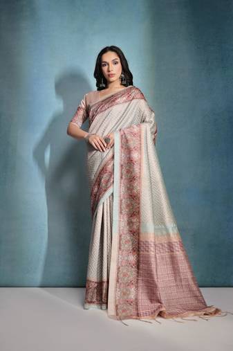 Sea Green Beautiful Cotton Blend Weaving & Floral Print Border saree With Blouse