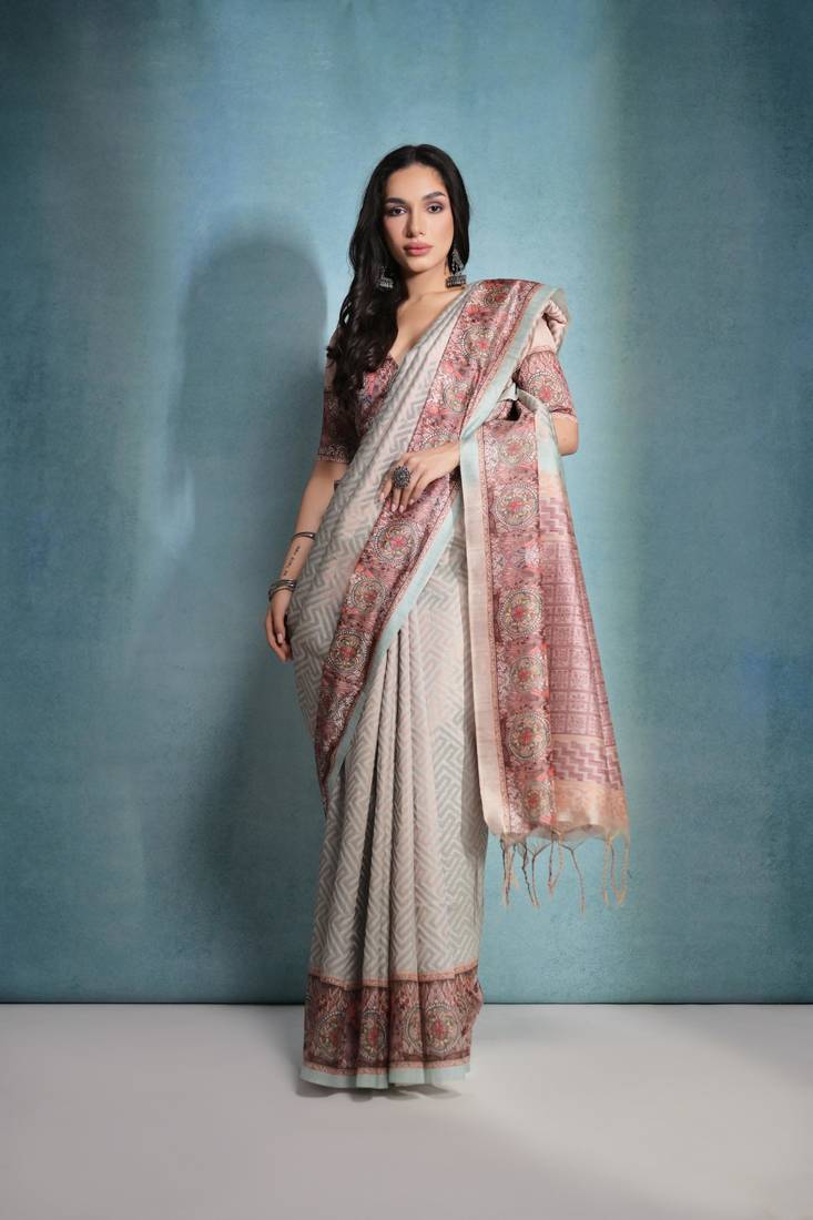 Sea Green Beautiful Cotton Blend Weaving & Floral Print Border saree With Blouse