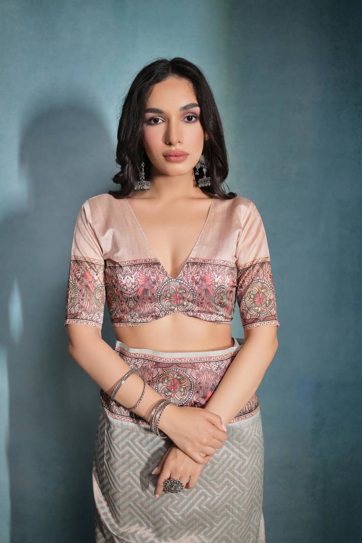 Sea Green Beautiful Cotton Blend Weaving & Floral Print Border saree With Blouse