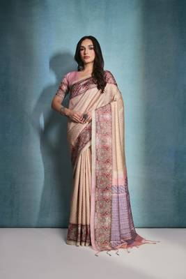 Yellow Beautiful Cotton Blend Weaving & Floral Print Border saree With Blouse 1