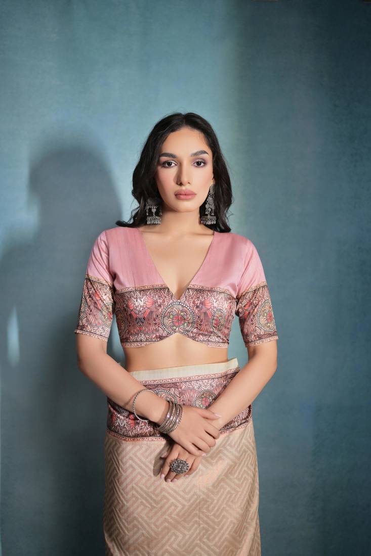 Yellow Beautiful Cotton Blend Weaving & Floral Print Border saree With Blouse