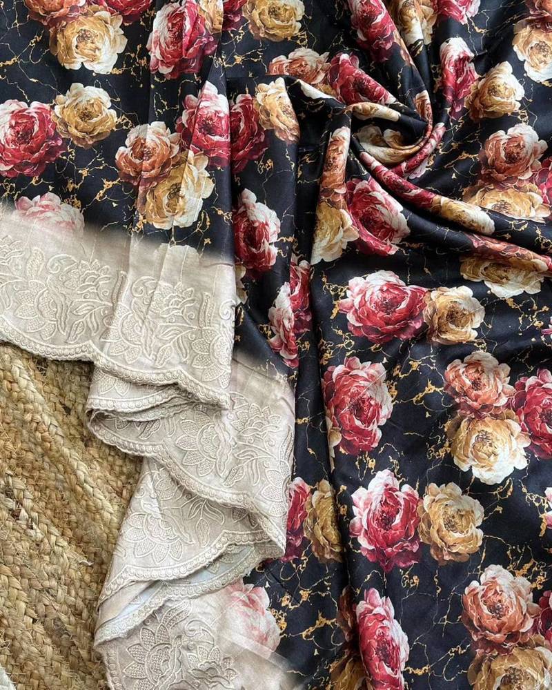 Exclusive Pure Tussar Silk Blend Saree With Embroidered Cutwork Border Saree With Blouse