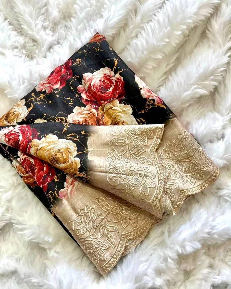 Exclusive Pure Tussar Silk Blend Saree With Embroidered Cutwork Border Saree With Blouse