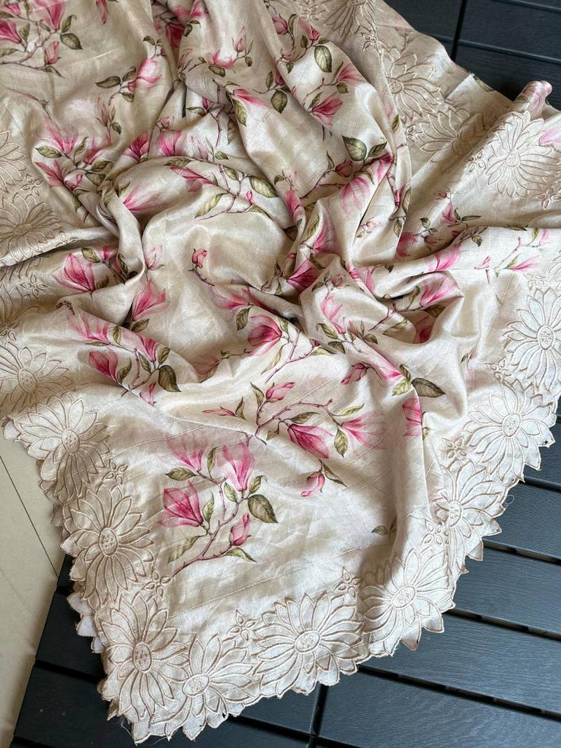 Multicolor Pure Tussar Silk Embroidered Cutwork Border Saree with Blouse