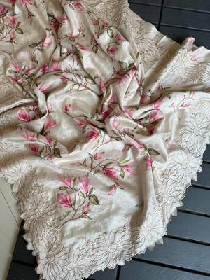 Multicolor Pure Tussar Silk Embroidered Cutwork Border Saree with Blouse 3