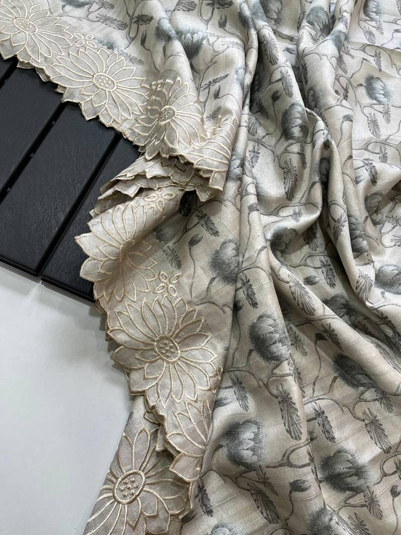 Exclusive Pure Tussar Silk Blend Saree With Embroidered Cutwork Border Saree With Blouse