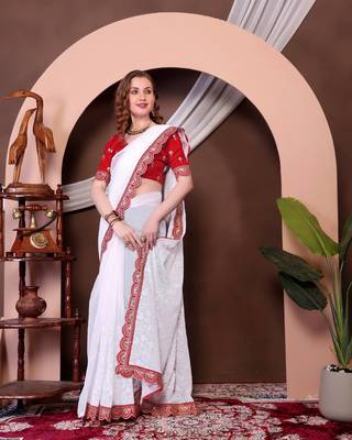 White Chickenkari Style Zal Embroidery Work Saree With Blouse 1