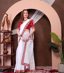 White Chickenkari Style Zal Embroidery Work Saree With Blouse