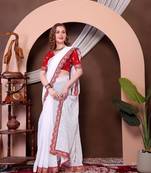 White Colour Chickenkari Style Zal Embroidery Work Traditional Saree With Blouse