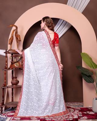 White Chickenkari Style Zal Embroidery Work Saree With Blouse 3