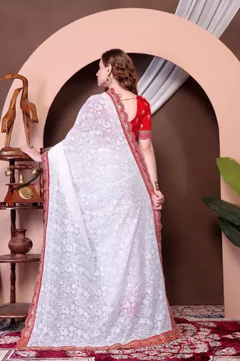 White Chickenkari Style Zal Embroidery Work Saree With Blouse
