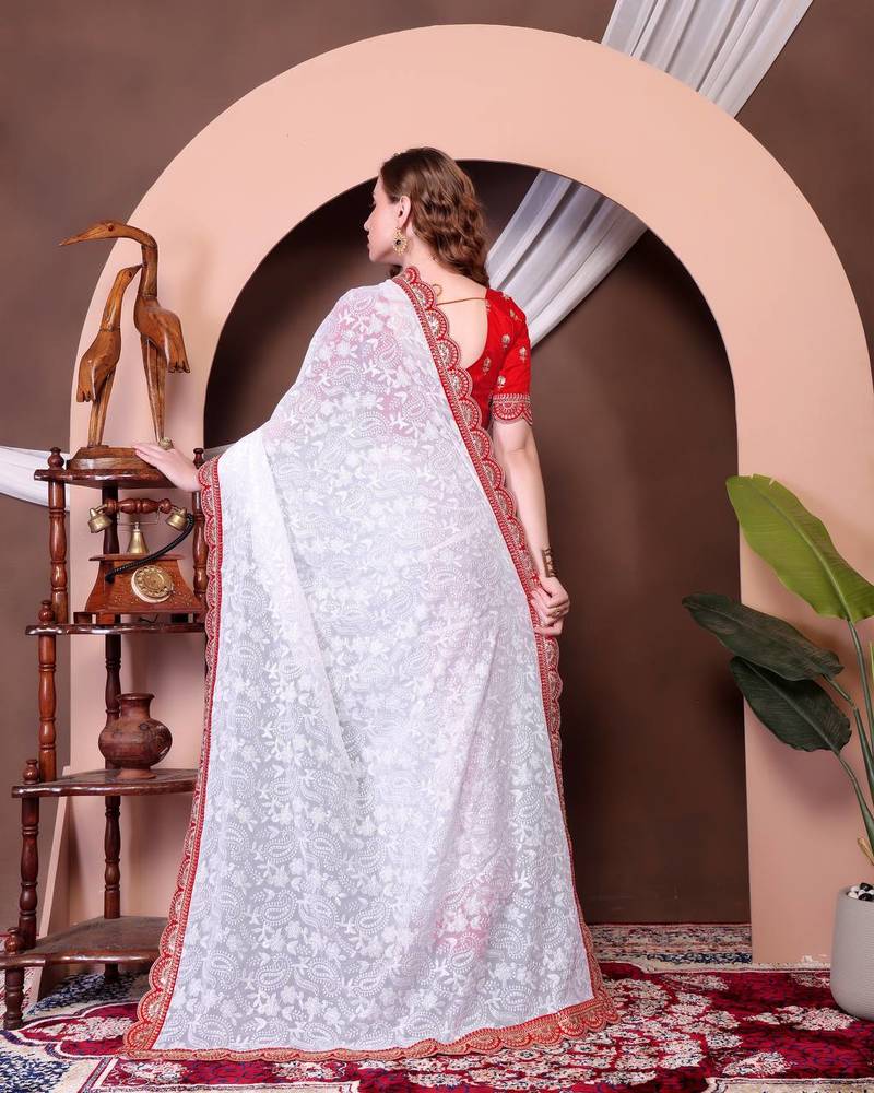 White Colour Chickenkari Style Zal Embroidery Work Traditional Saree With Blouse