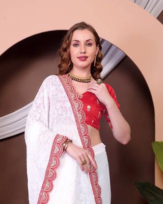 White Chickenkari Style Zal Embroidery Work Saree With Blouse 4