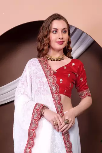 White Chickenkari Style Zal Embroidery Work Saree With Blouse