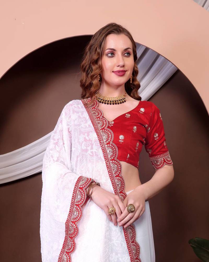 White Colour Chickenkari Style Zal Embroidery Work Traditional Saree With Blouse