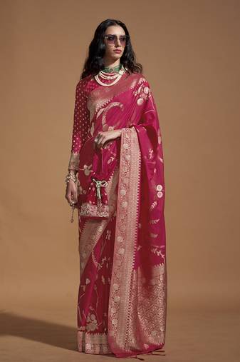 Rani Pink Silk Blend Weaving Designer Saree