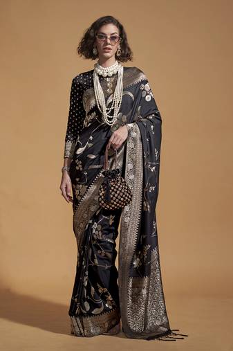 Black Silk Blend Weaving Designer Saree