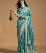 Aqua Blue Silk Blend Weaving Designer Saree
