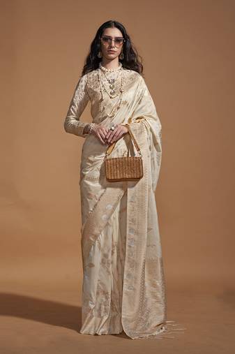 Cream Silk Blend Weaving Designer Saree