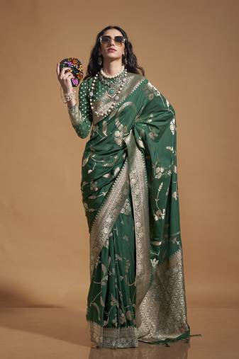 Dark Green Silk Blend Weaving Designer Saree