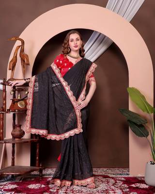 Black Colour Chickenkari Style Zal Embroidery Work Saree With Blouse 1