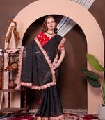 Black Colour Chickenkari Style Zal Embroidery Work Traditional Saree With Blouse