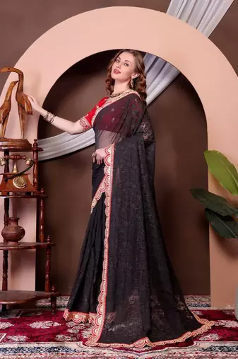 Black Colour Chickenkari Style Zal Embroidery Work Saree With Blouse